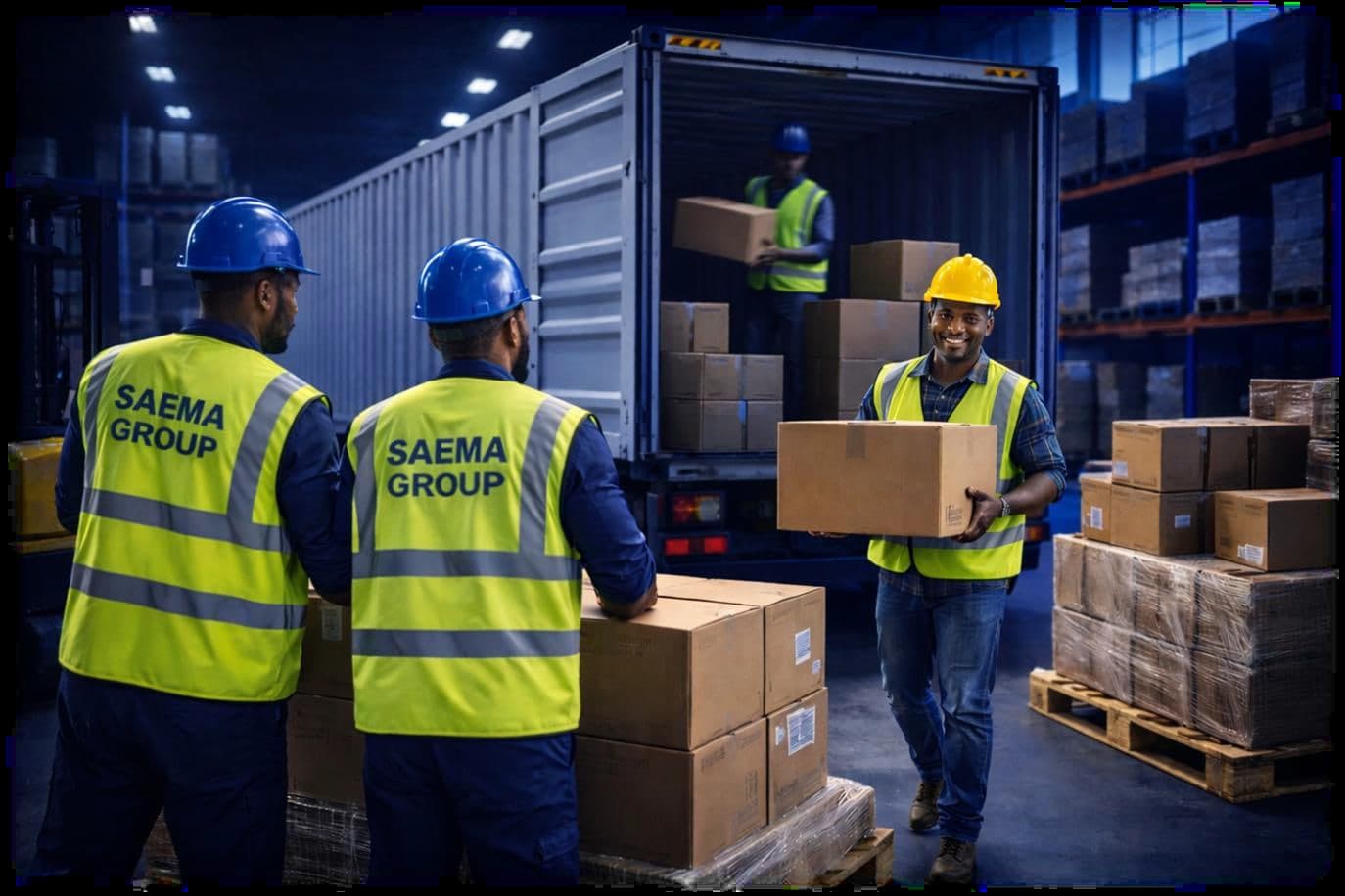 Saema Group team loading a supply consignment at the warehouse